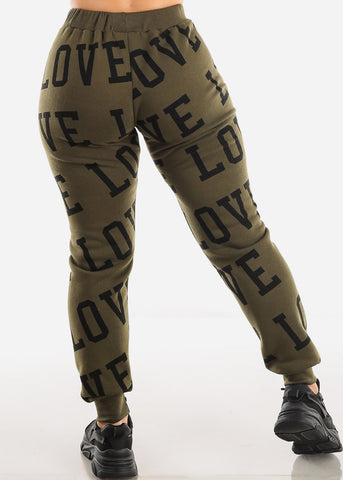 Image of Fleece Drawstring Waist Jogger Sweatpants Olive "Love"