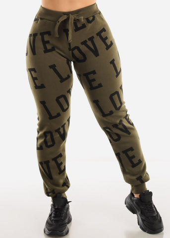 Image of Fleece Drawstring Waist Jogger Sweatpants Olive "Love"