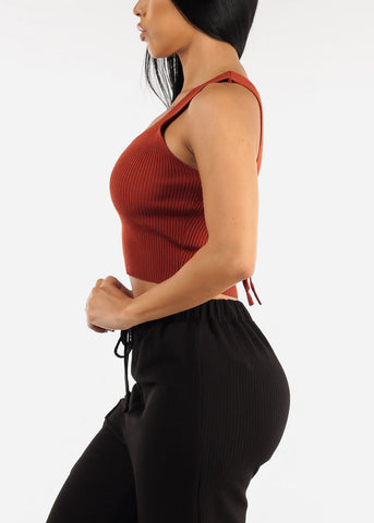 Image of Open Lace Up Back Ribbed Knit Top Rust