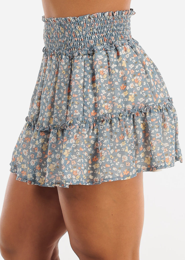 Smocked Waist Floral Ruffled Mini Skirt Blue