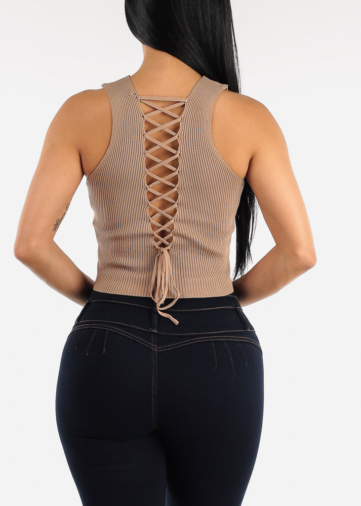 Open Lace Up Back Ribbed Knit Top Beige