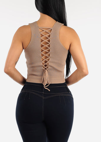 Image of Open Lace Up Back Ribbed Knit Top Beige