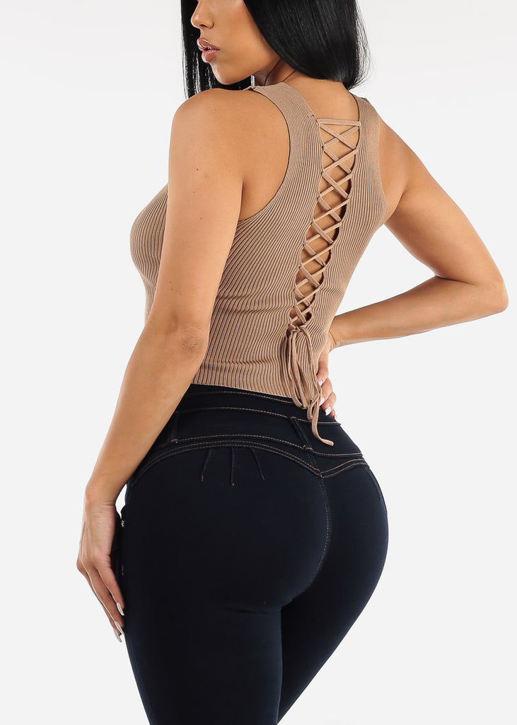 Open Lace Up Back Ribbed Knit Top Beige