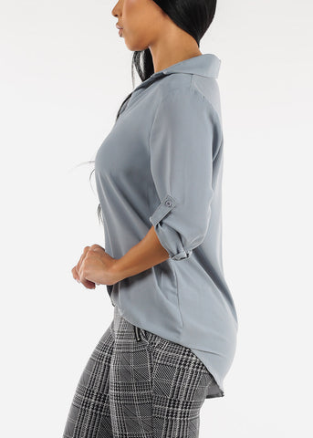 Image of High Low Folded Front Loose Collared Tunic Slate Blue