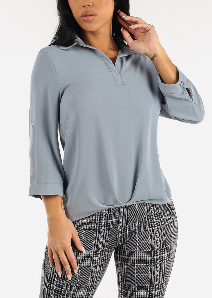 High Low Folded Front Loose Collared Tunic Slate Blue