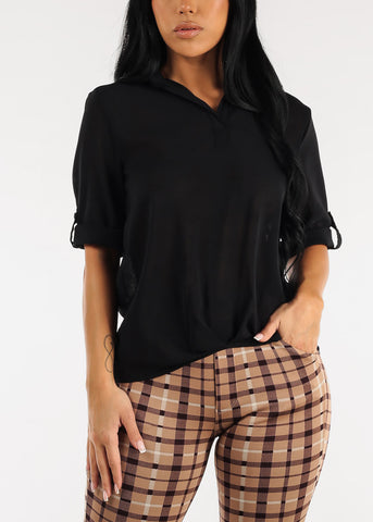 Image of Black High Low Folded Front Loose Collared Tunic