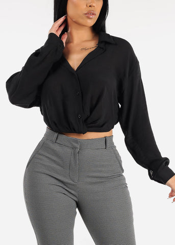 Image of Long Sleeve Black Button Shirt w Twisted Front