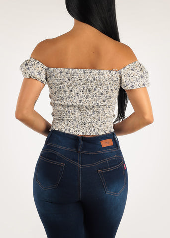 Image of Off Shoulder Lace Up Front White Floral Top