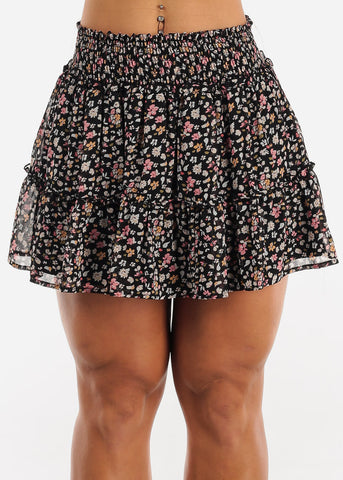 Image of Smocked Waist Floral Ruffled Mini Skirt Black
