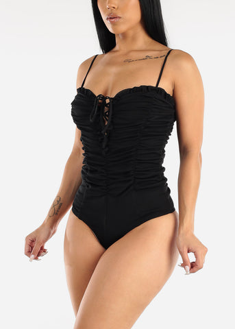 Image of Sleeveless Lace Up Ruched Black Bodysuit
