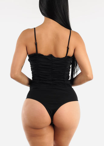 Image of Sleeveless Lace Up Ruched Black Bodysuit