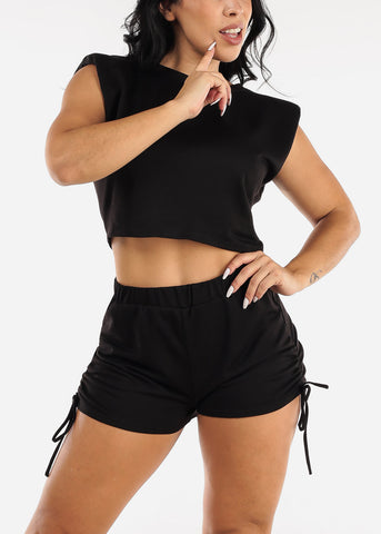 Image of Black Sleeveless Crop Top & High Waisted Shorts (2 PCE SET)