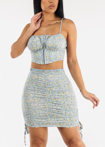 Image of Sleeveless Floral Corset Crop Top & Ruched Mini Skirt Blue (2 PCE SET)