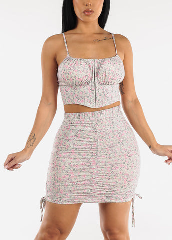 Image of Sleeveless Floral Corset Crop Top & Ruched Mini Skirt Sage (2 PCE SET)
