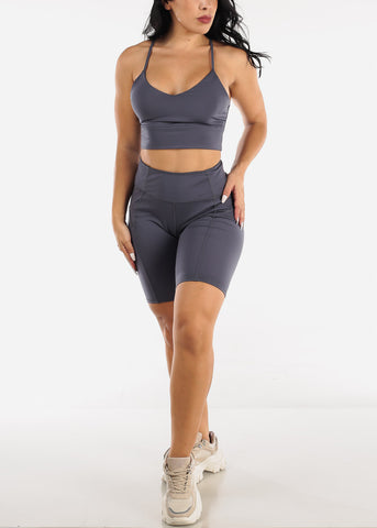 Image of Activewear Strappy Sports Bra & Biker Shorts Charcoal (2 PCE SET)