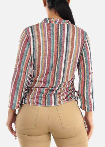 Image of Button Up Stripe Blouse w Adjustable Drawstrings