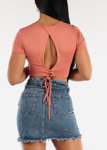 Image of Short Sleeve Open Back Strappy Dark Coral Crop Top