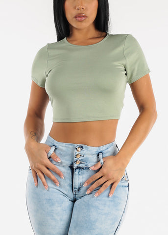 Image of Short Sleeve Open Back Strappy Sage Crop Top