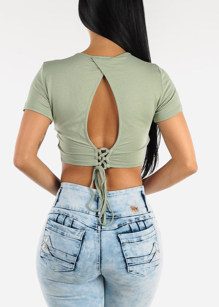 Short Sleeve Open Back Strappy Sage Crop Top