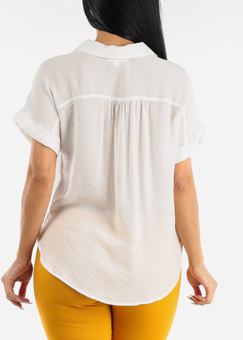 Image of White Cap Sleeve Blouse w Front Half Placket
