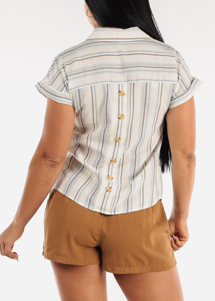 Short Sleeve Stripe Collared Top w Back Button Detail