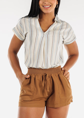 Image of Short Sleeve Stripe Collared Top w Back Button Detail