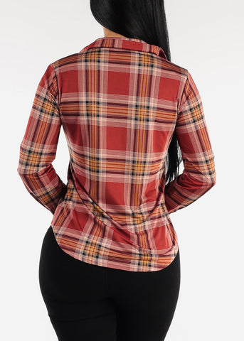 Image of Casual Button Up Burgundy Plaid Shirt