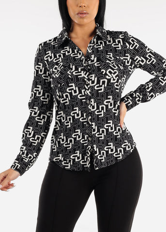 Image of Long Sleeve Button Down Printed Blouse Black