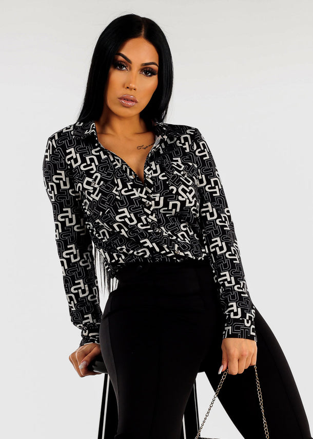 Long Sleeve Button Down Printed Blouse Black