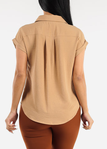 Image of Taupe Cap Sleeve Button Down Shirt