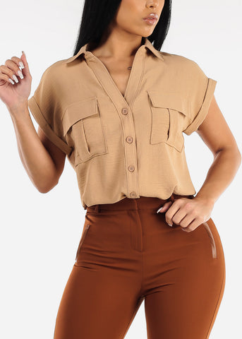 Image of Taupe Cap Sleeve Button Down Shirt