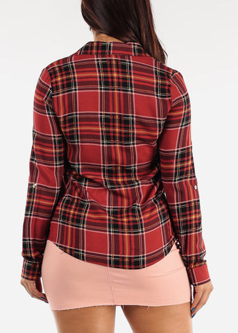 Image of Long Sleeve Button Up Plaid Shirt Burgundy