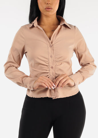Image of Taupe Long Sleeve Button Down Ruched Blouse