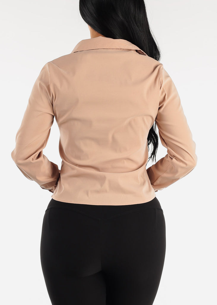 Taupe Long Sleeve Button Down Ruched Blouse