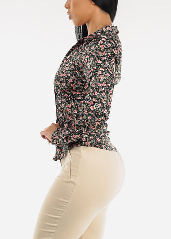 Image of Button Down Ruched Stretchy Floral Blouse
