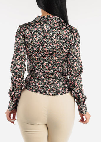 Image of Button Down Ruched Stretchy Floral Blouse