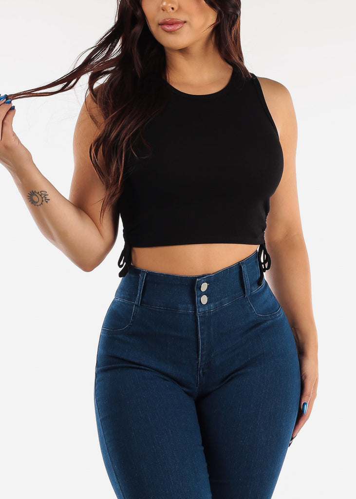 Black Sleeveless Ribbed Crop Top w Ruched Drawstring Sides