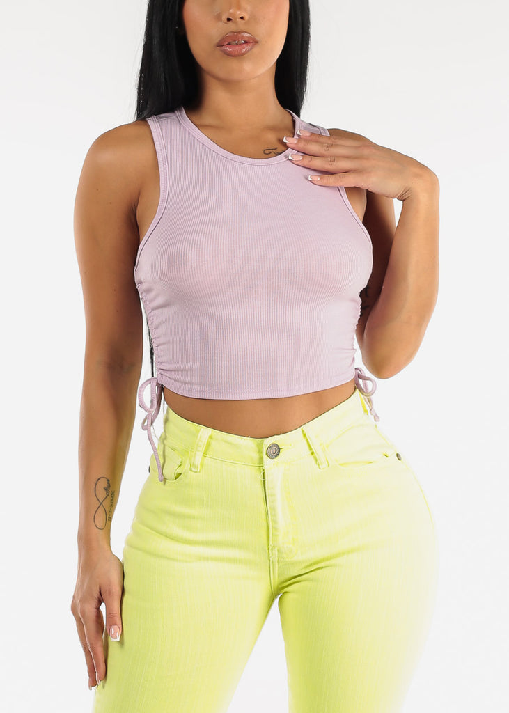 Sleeveless Ribbed Lavender Crop Top w Ruched Drawstring Sides
