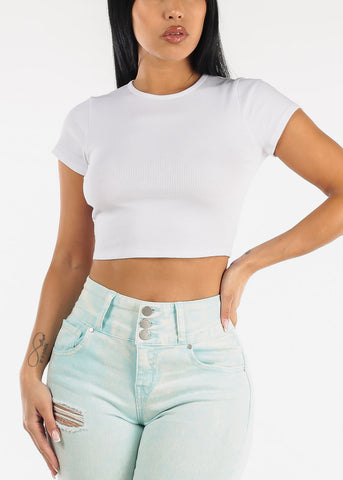 Image of White Cut Out Back Short Sleeve Crewneck Crop Top