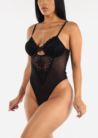 Image of Black Sleeveless Stripe Mesh & Lace Thong Bodysuit