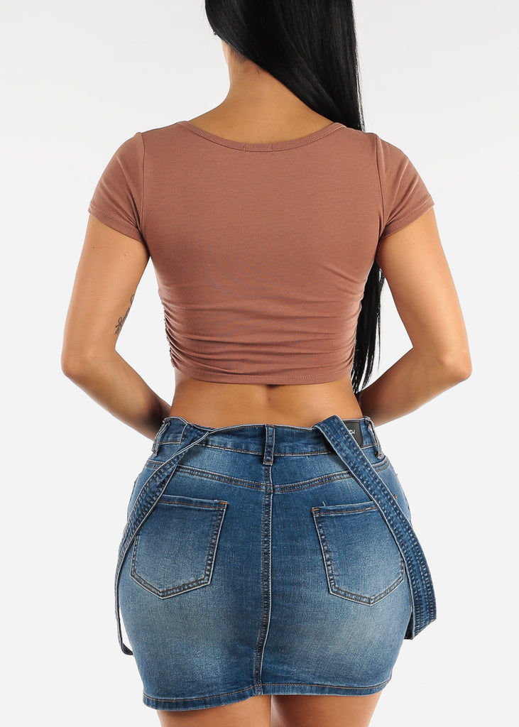Short Sleeve Ruched Sides Crop Top Brown
