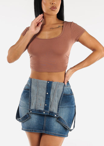 Image of Short Sleeve Ruched Sides Crop Top Brown