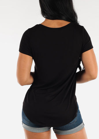 Image of Black Short Sleeve Round Hem Relax Fit Tunic Top
