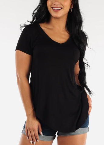 Image of Black Short Sleeve Round Hem Relax Fit Tunic Top