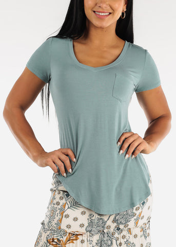 Image of Short Sleeve Round Hem Relax Fit Tunic Top Sage