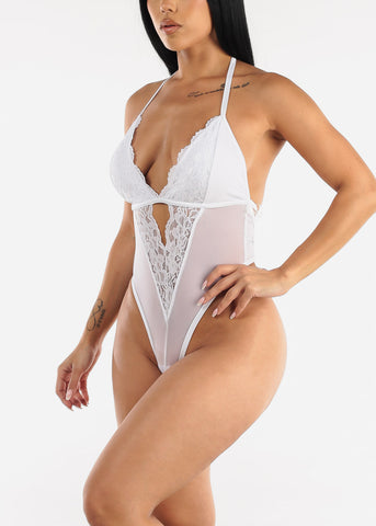 Image of White Open Back Lace & Mesh Thong Bodysuit