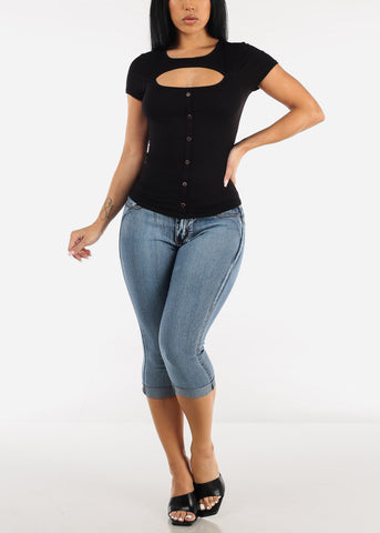 Image of Short Sleeve Bust Cut Out Top Black