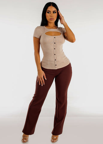 Image of Short Sleeve Bust Cut Out Top Mocha