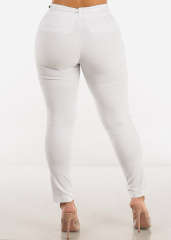 Image of White Mid Rise Dressy Skinny Pants w Belt